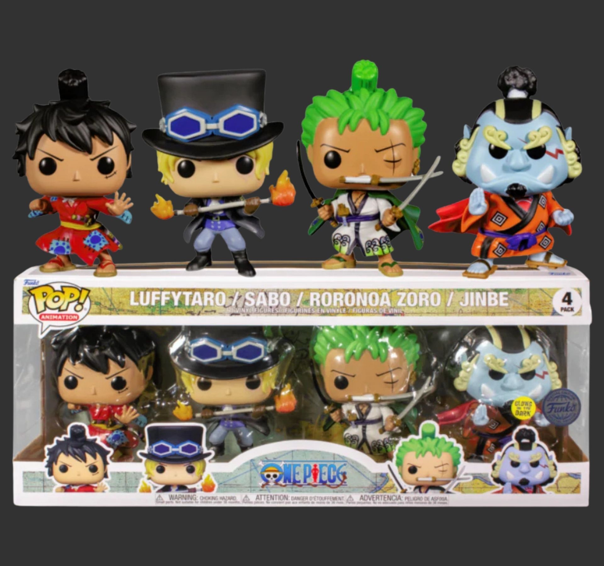בובת פופ מארז 4 לופי, סאבו, זורו וג׳ינביי – Luffy, Sabo, Zoro & Jinbe 4-Pack, One Piece Glow SE בובת פופ מארז 4 לופי, סאבו, זורו וג׳ינביי – Luffy, Sabo, Zoro & Jinbe 4-Pack, One Piece Glow SE